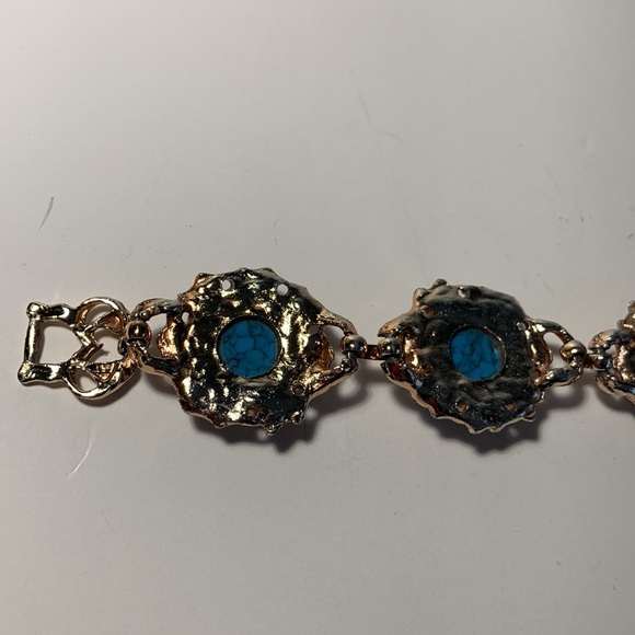 Faux Turquoise Link Bracelet Gold Tone Fold Over Clasp 7โ Bronze/Gold Tone VTG - Picture 9 of 13
